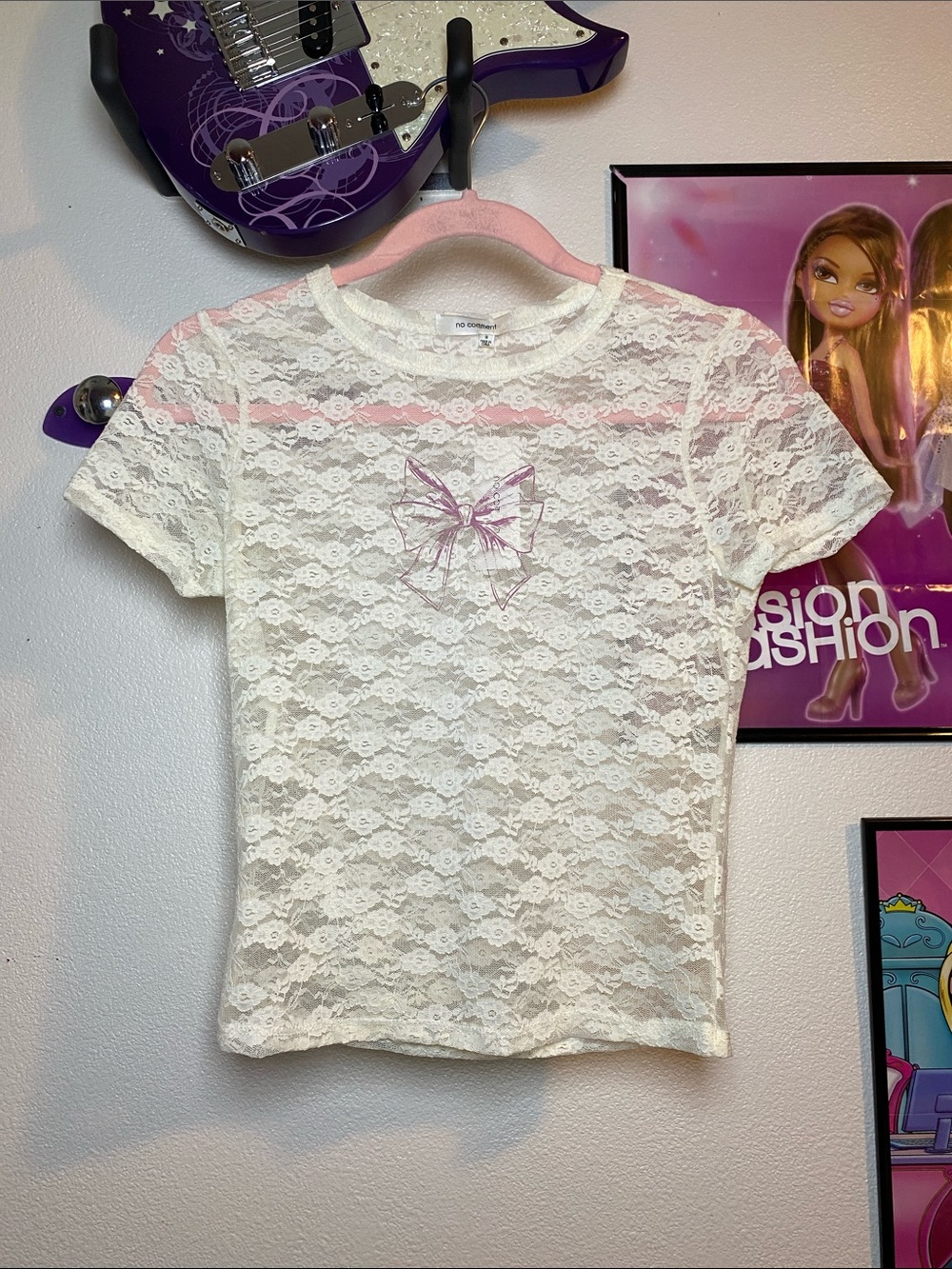 White Lace Baby Tee with Pink Bow Graphic Top